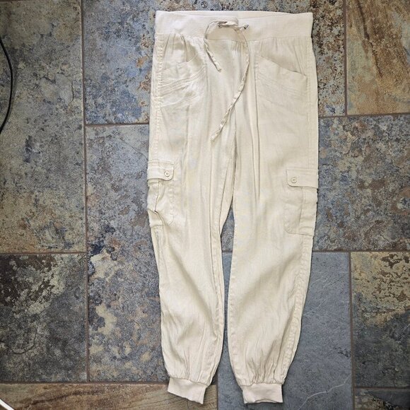 Bebe Sz 2 Cream Linen Blend Pull On Casual Cargo Pants Drawstring Waist Pockets - Picture 10 of 14